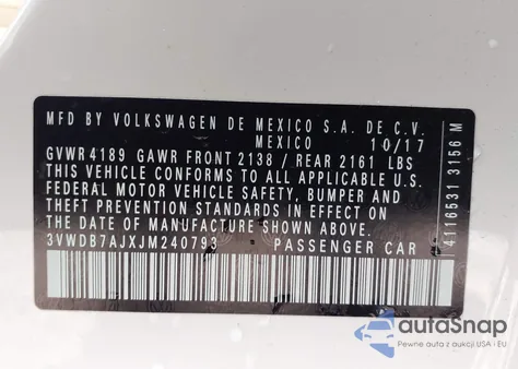 2018 Volkswagen Jetta 1.4T Se/1.4T Wolfsburg Edition z USA, uszkodzony, nr VIN 3VWDB7AJXJM240793